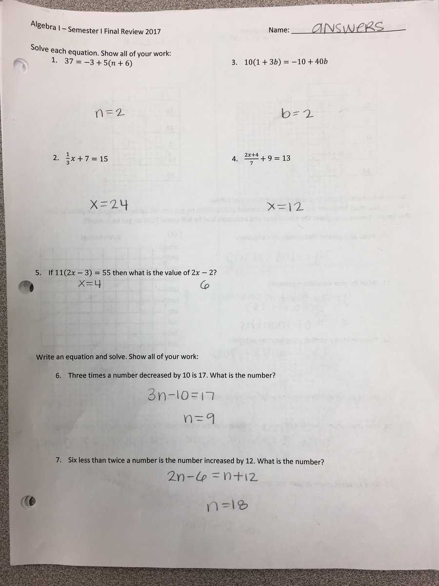 algebra 1 honors semester one exam review answers