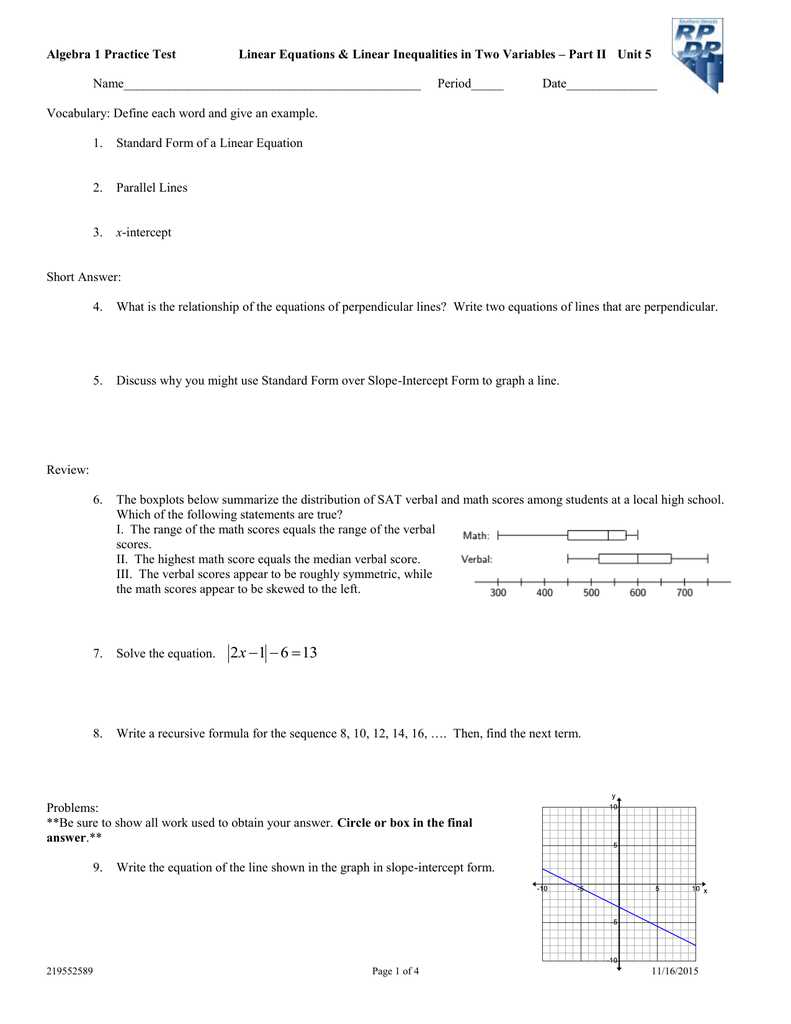 linear relationships unit test answer key
