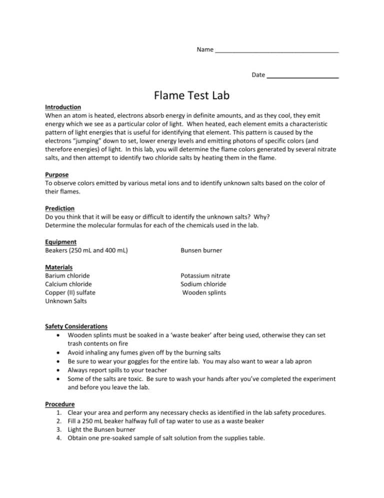 flame test for metals lab answer key