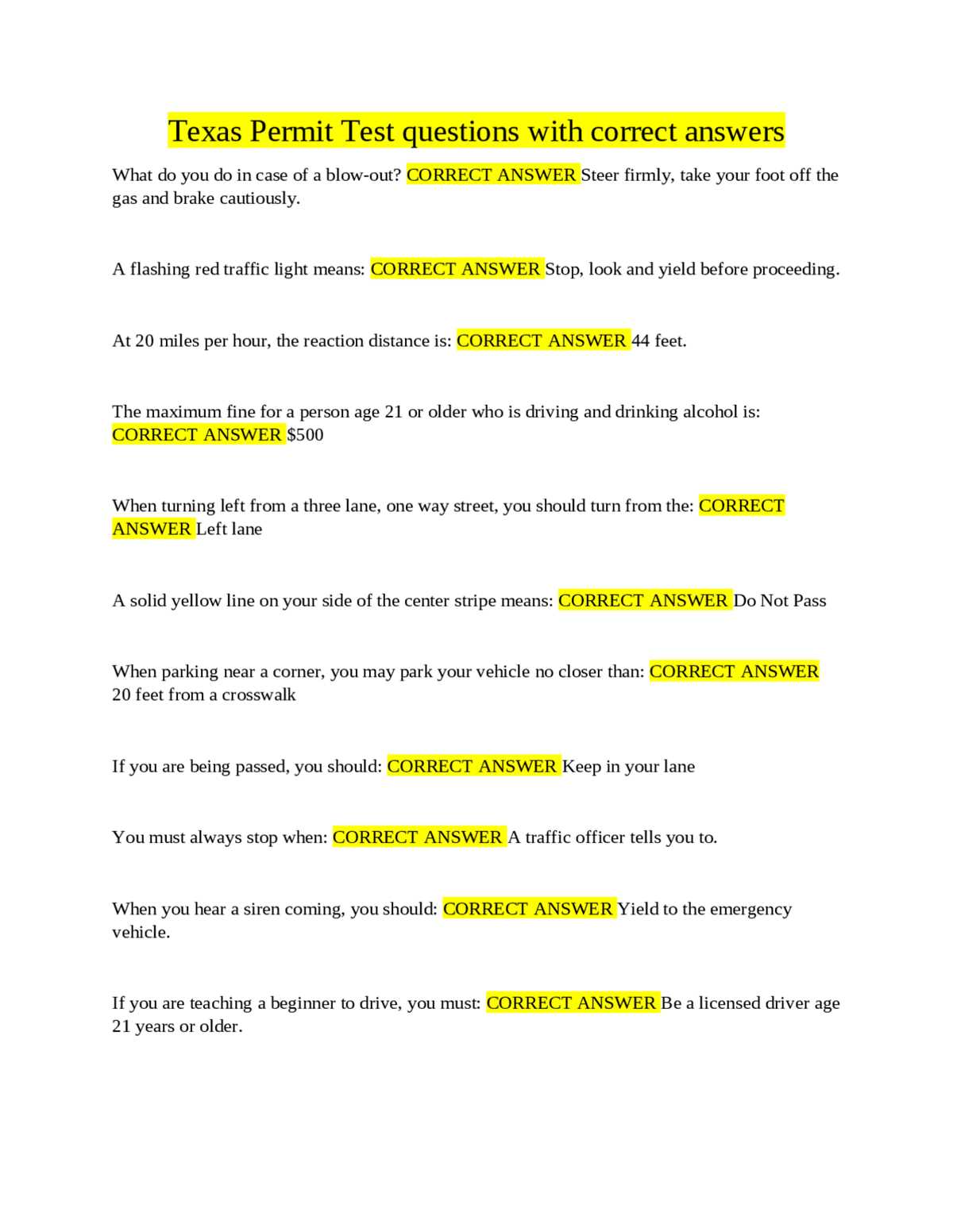 driving written test questions and answers
