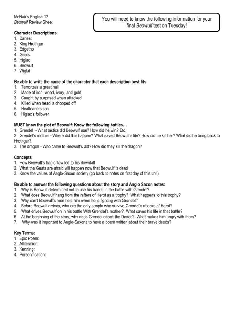 beowulf final test answers