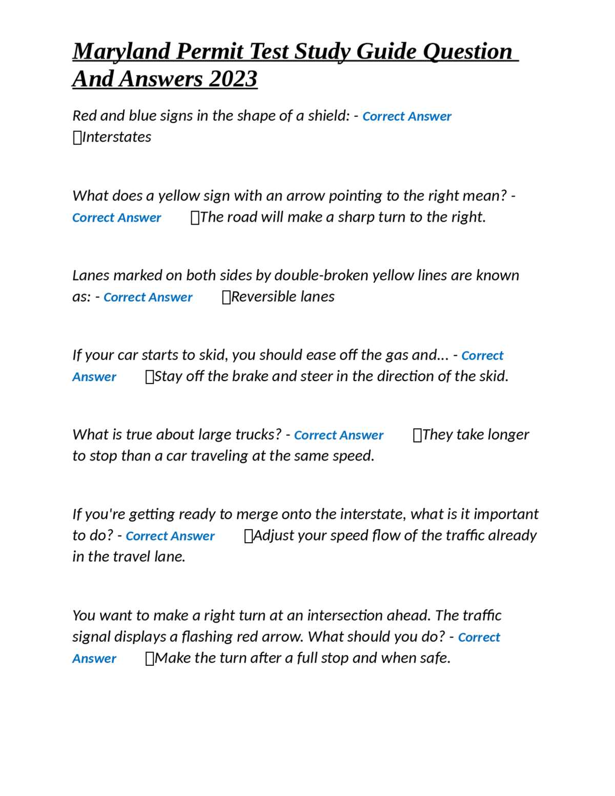 maryland permit test questions and answers