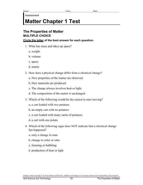 matter test answer key