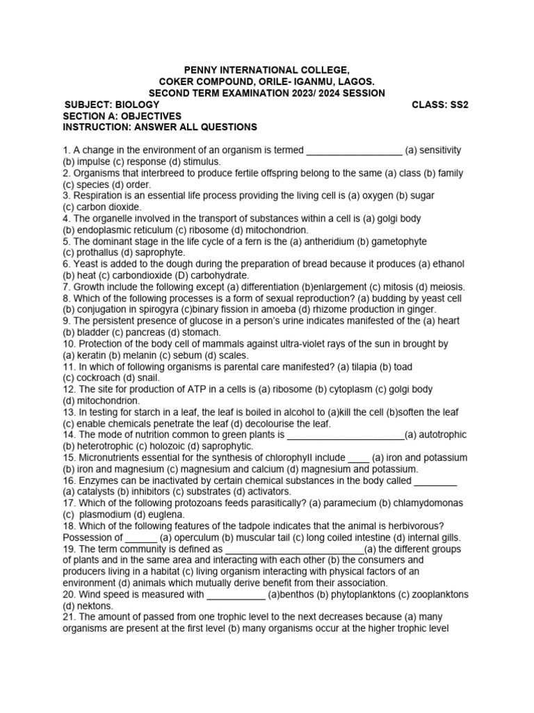 biology exam 2 questions and answers