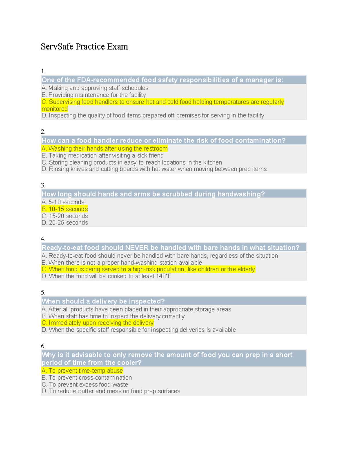 servsafe food protection manager certification exam answers
