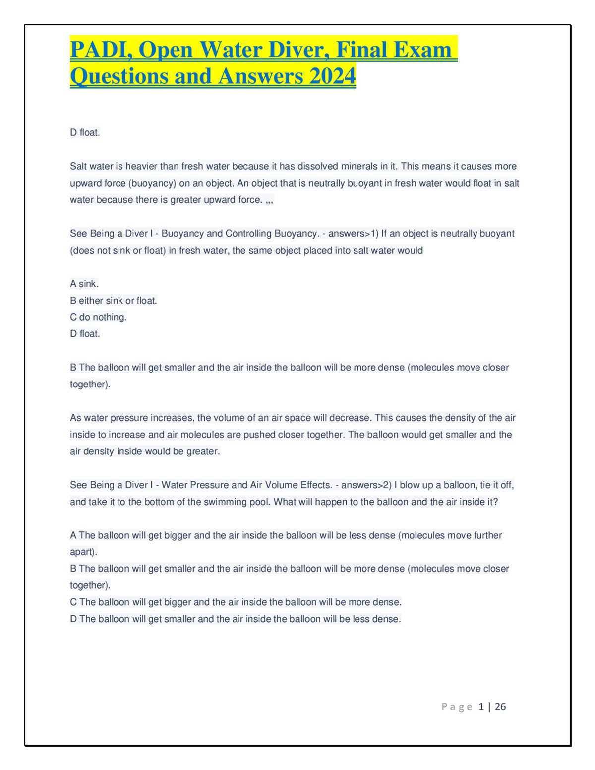 padi test questions answers