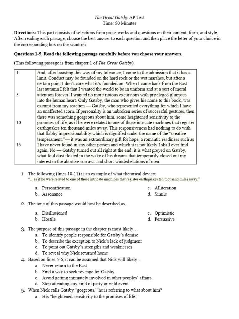 great gatsby test answers