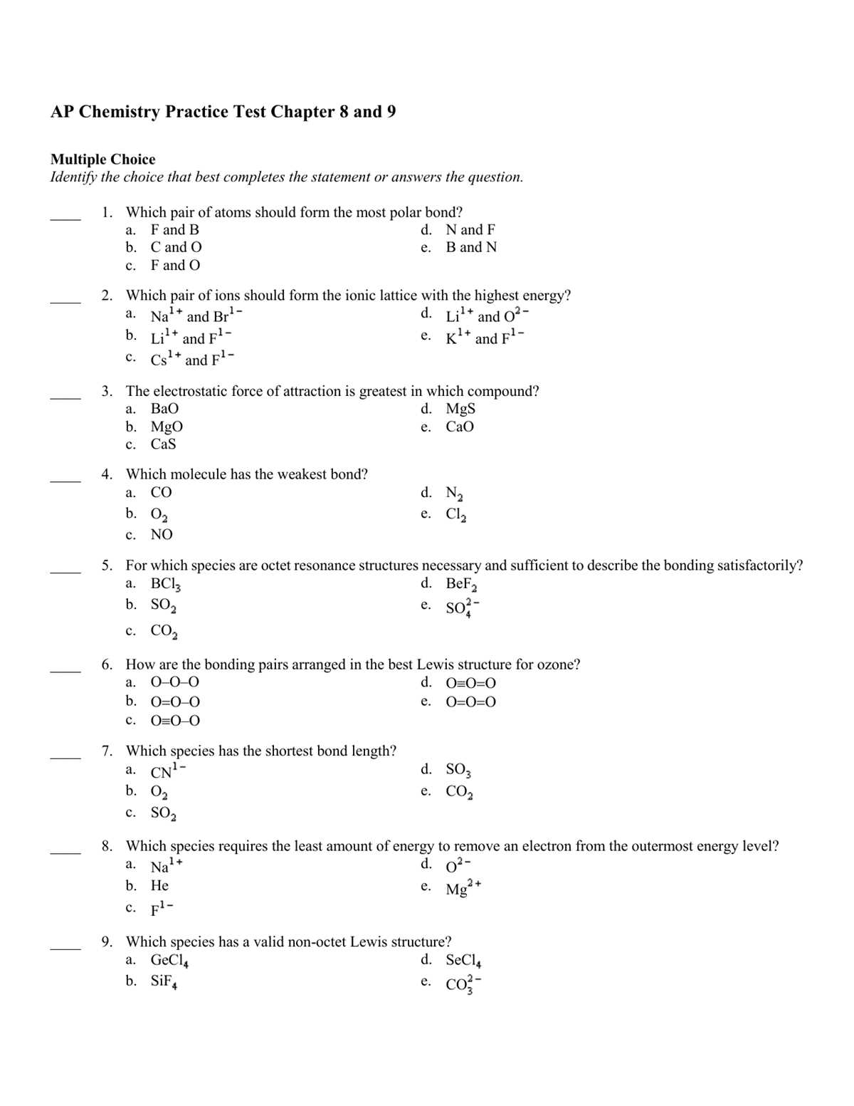 ap chemistry unit 1 test answers