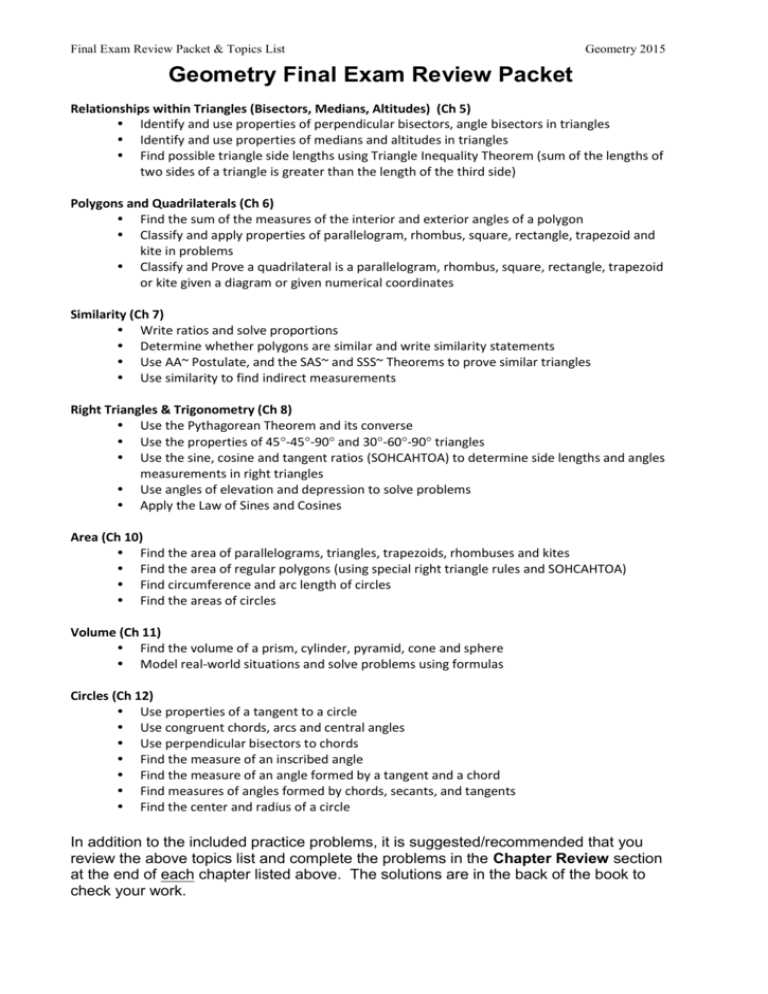 geometry end of the year final exam review answers
