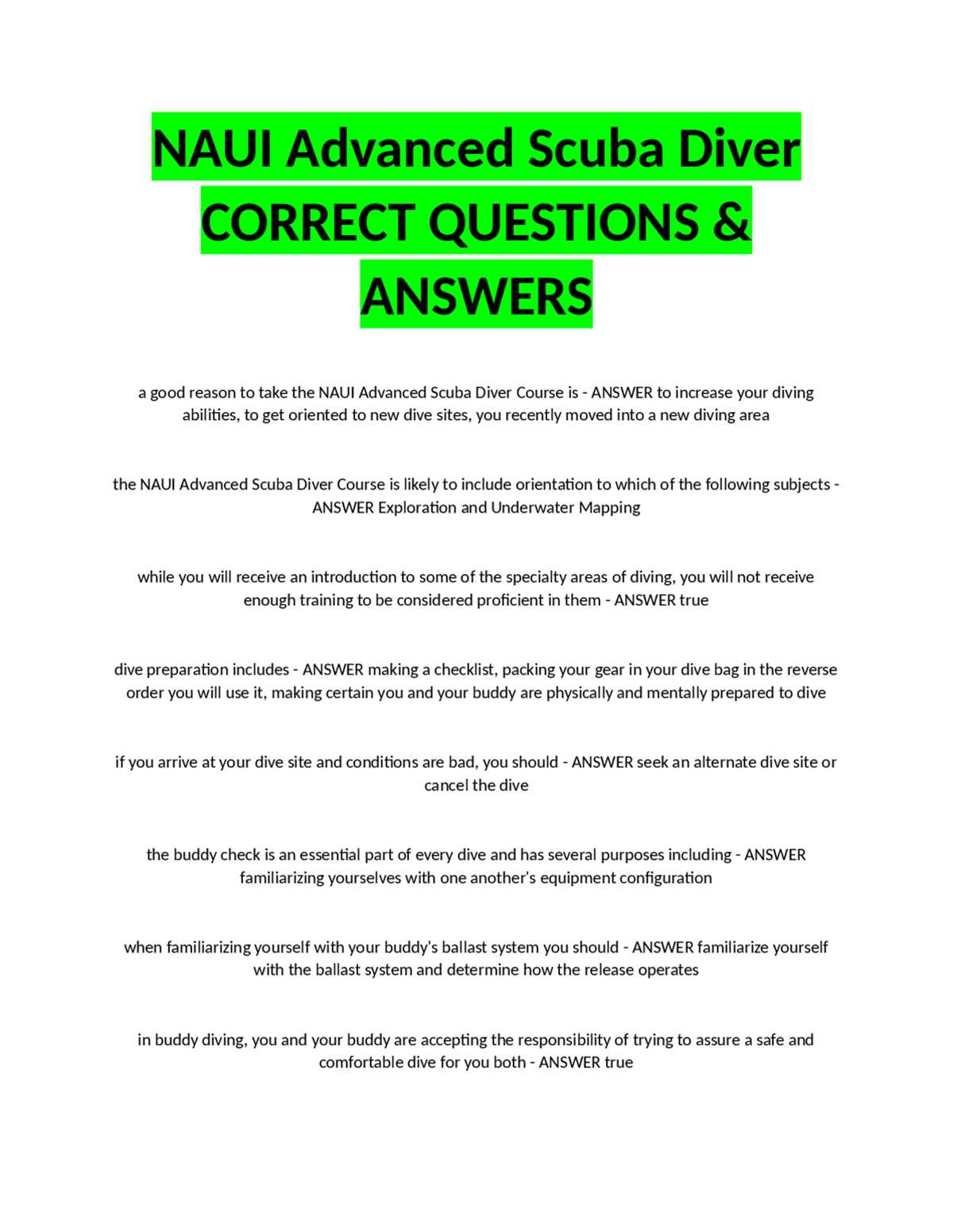 naui scuba diver test answers