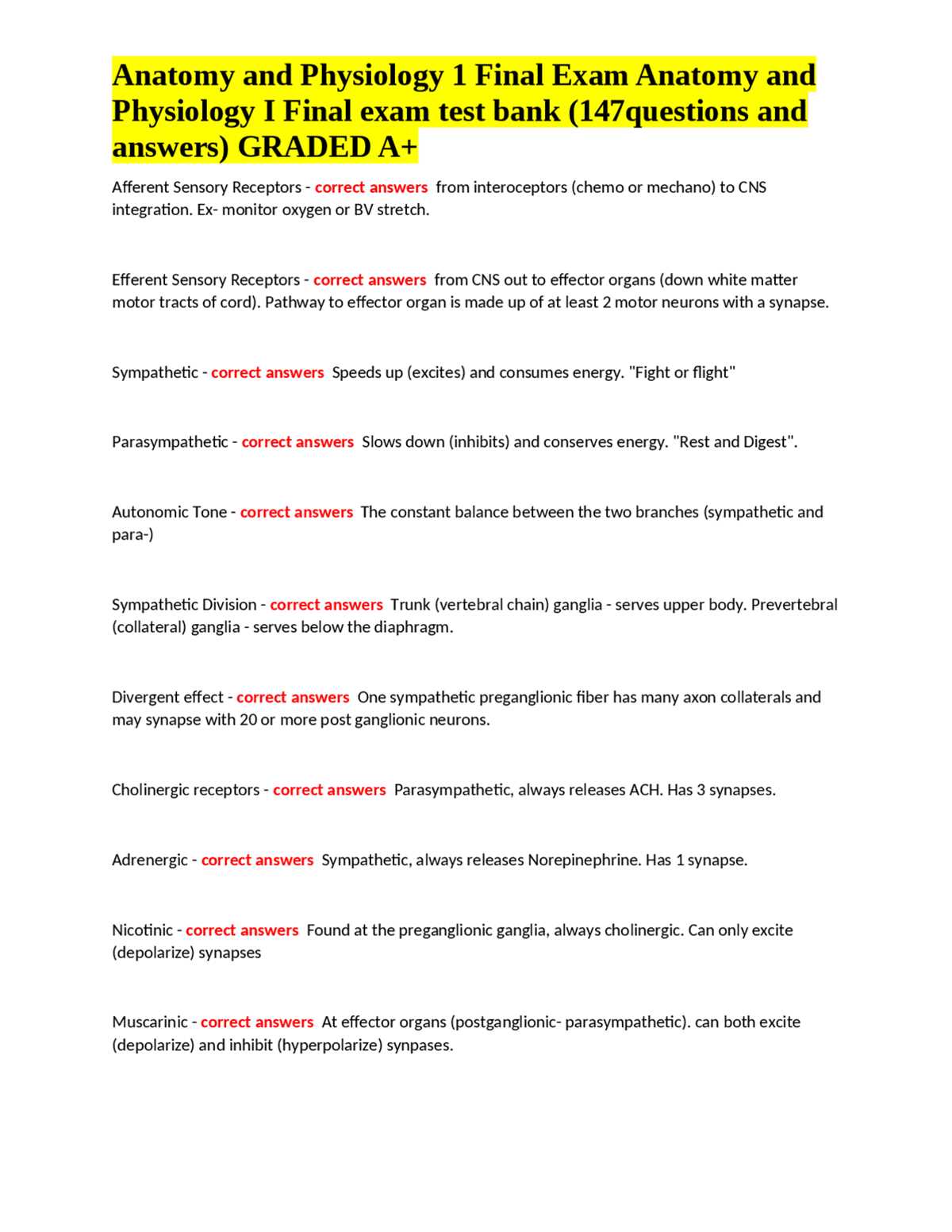 anatomy and physiology 1 final exam answers