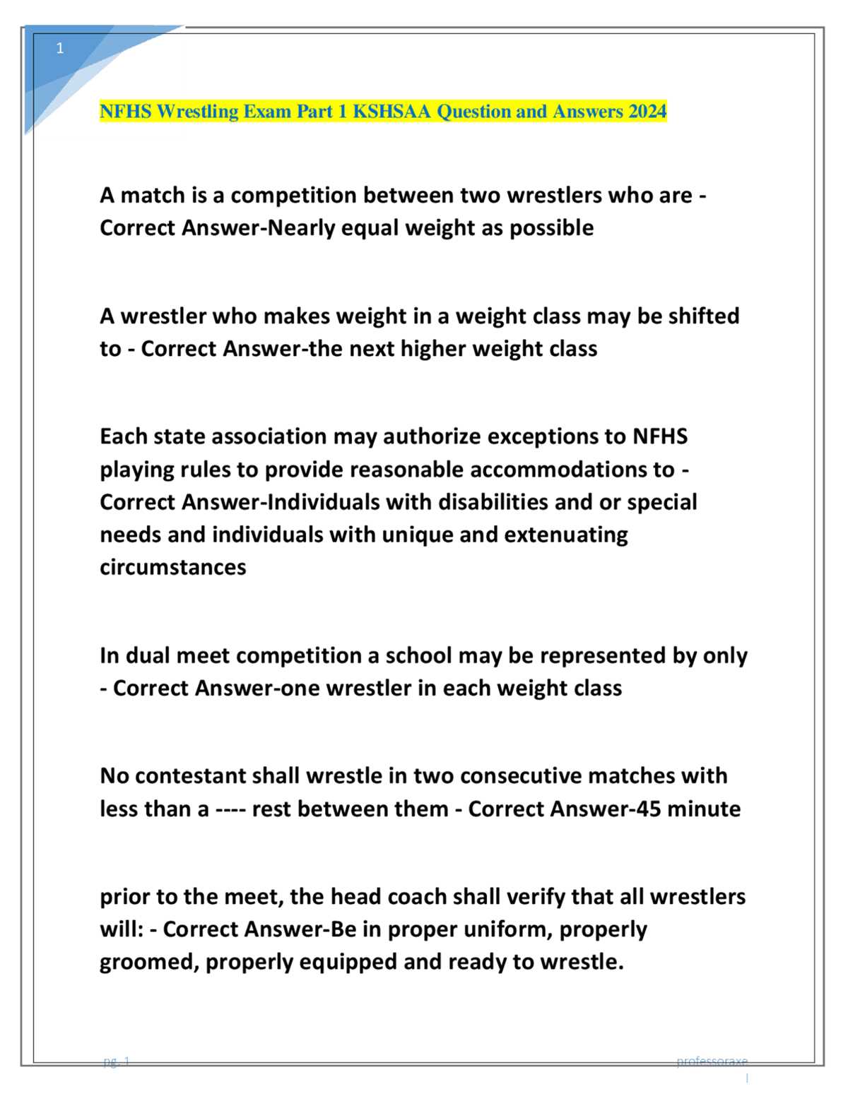 nfhs wrestling exam part 1 answers