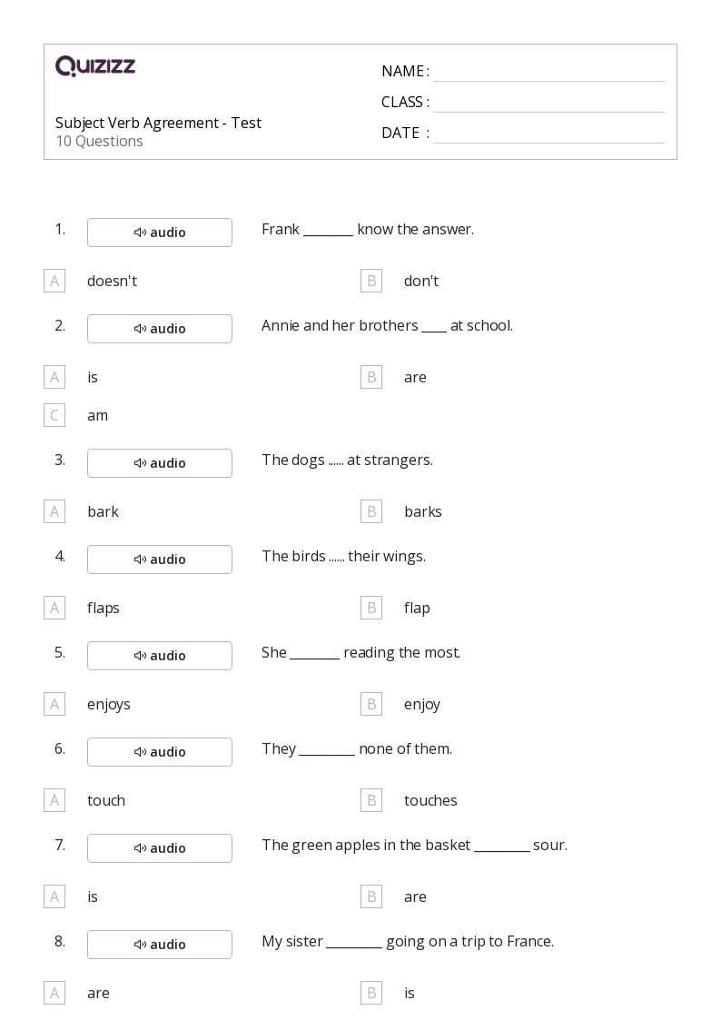subject verb agreement test answers