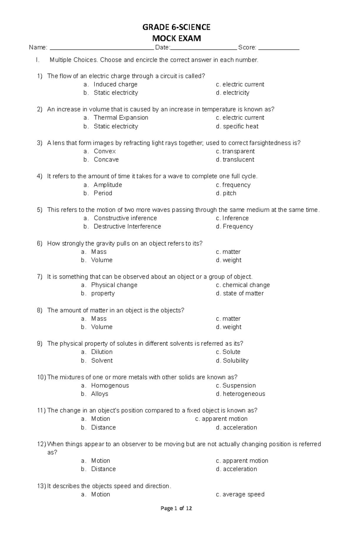 science test answer key