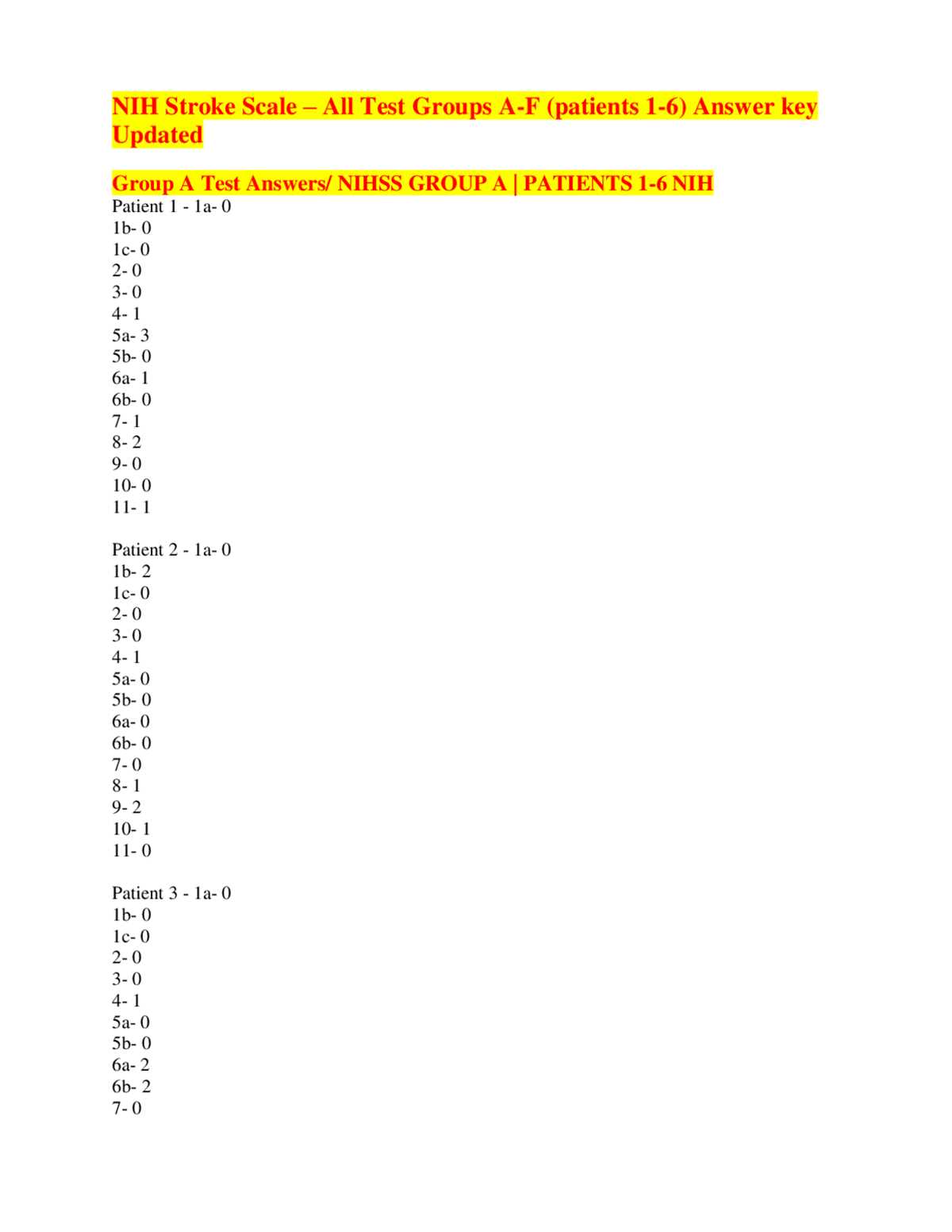 nih stroke scale test group a answers 2026