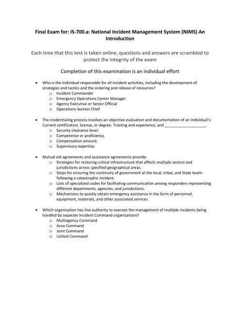 nims 700 exam answers