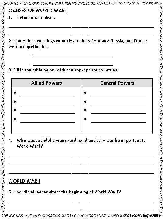 world war 1 test answer key