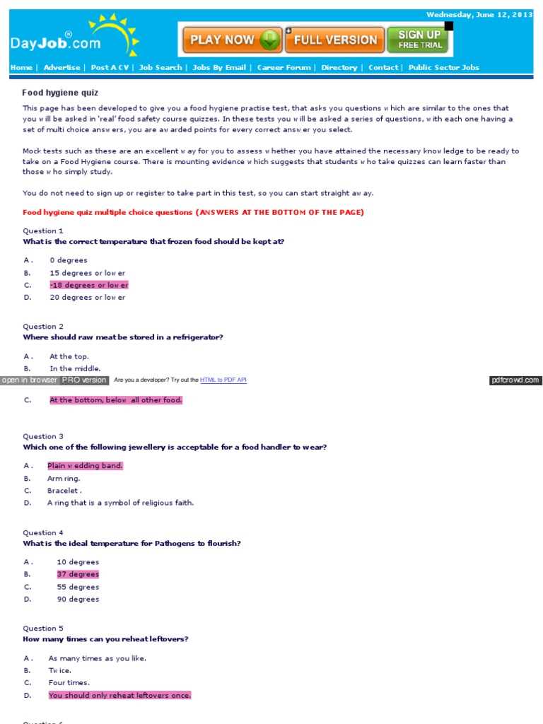 food and hygiene test answers