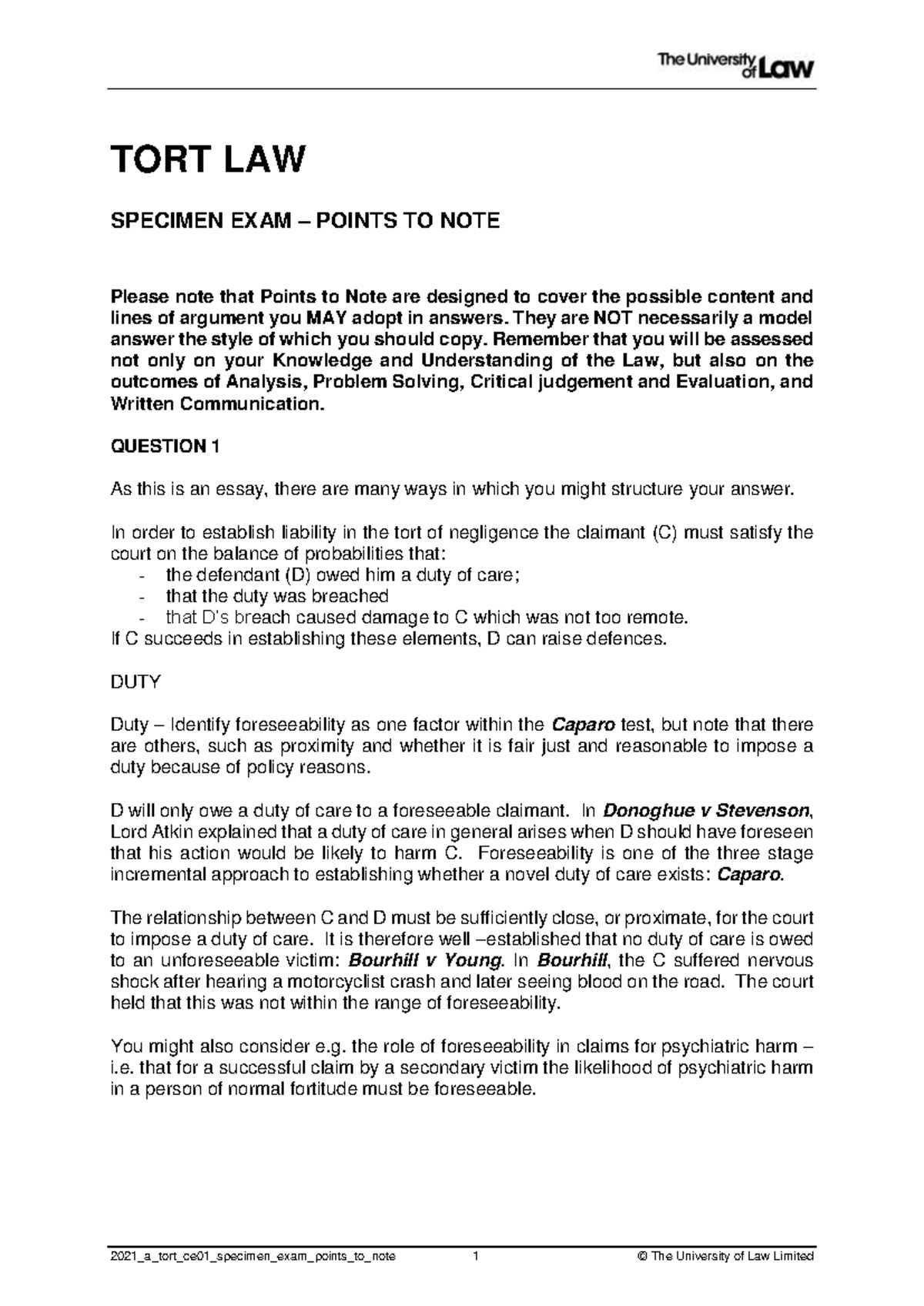 torts exam model answer