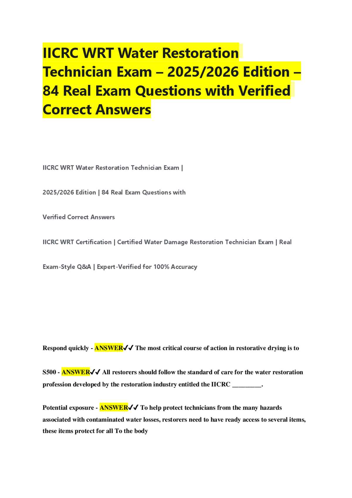 water damage restoration technician exam answers