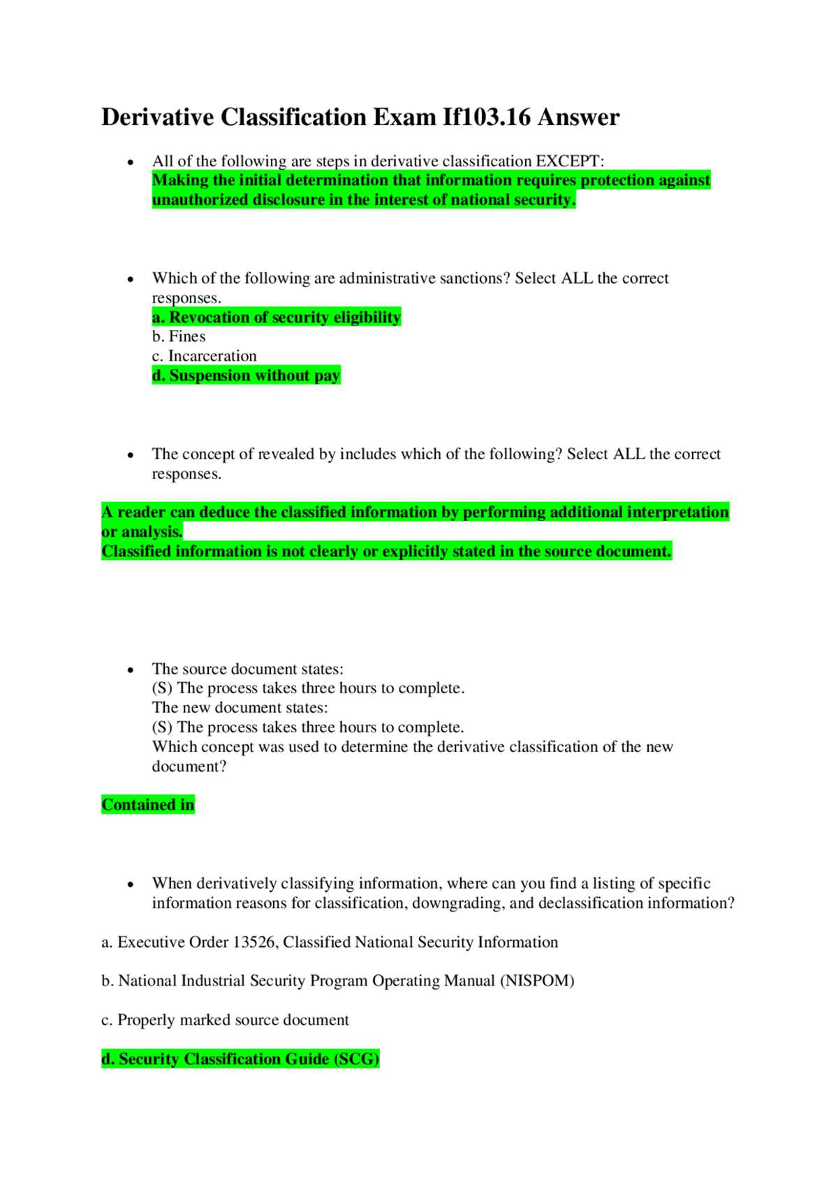 derivative classification training exam answers