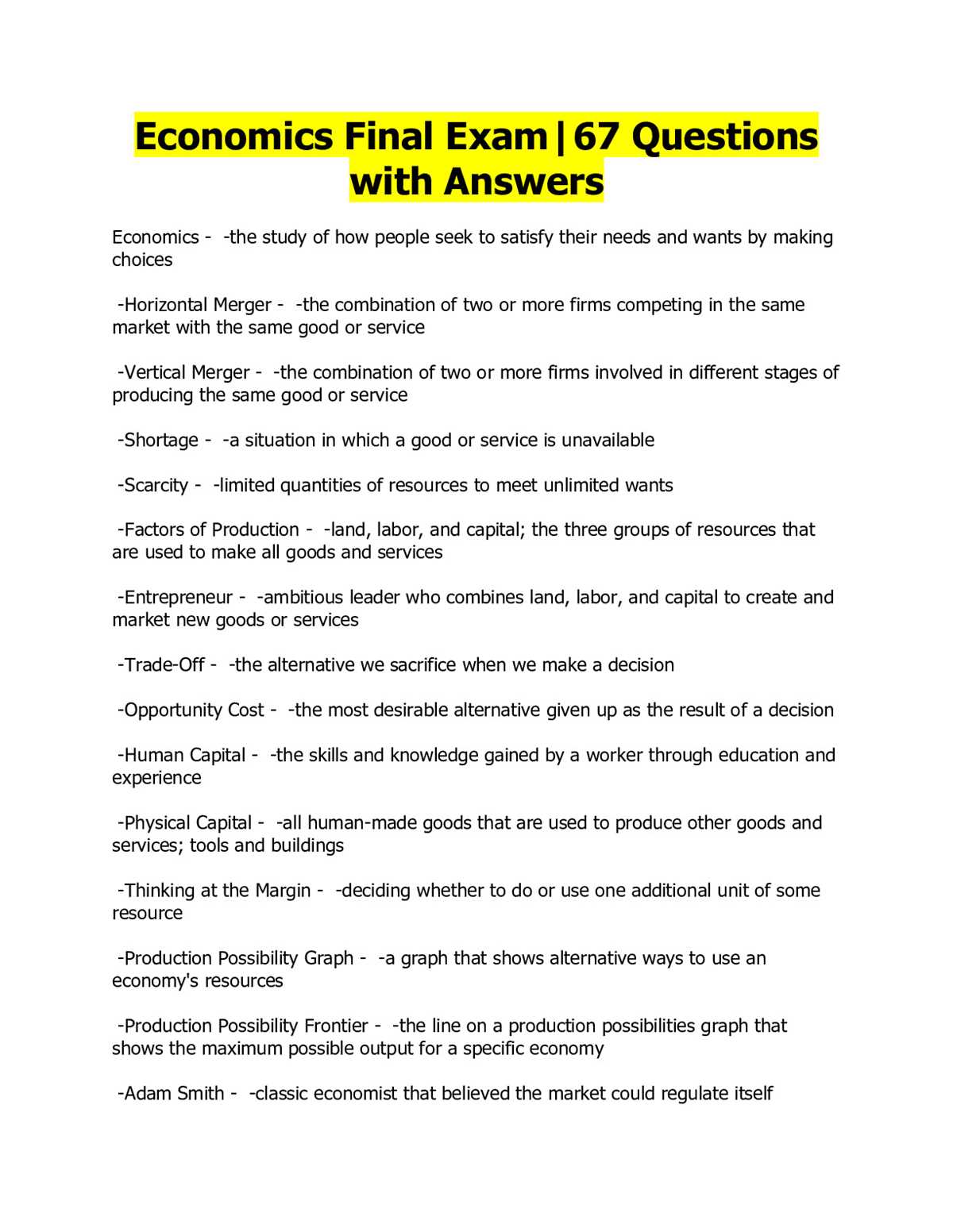 end of semester test economics answers