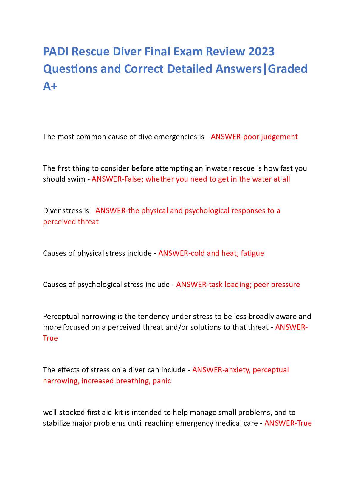 padi rescue diver test answers