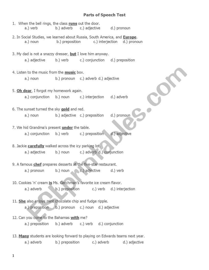 parts of speech test with answer key