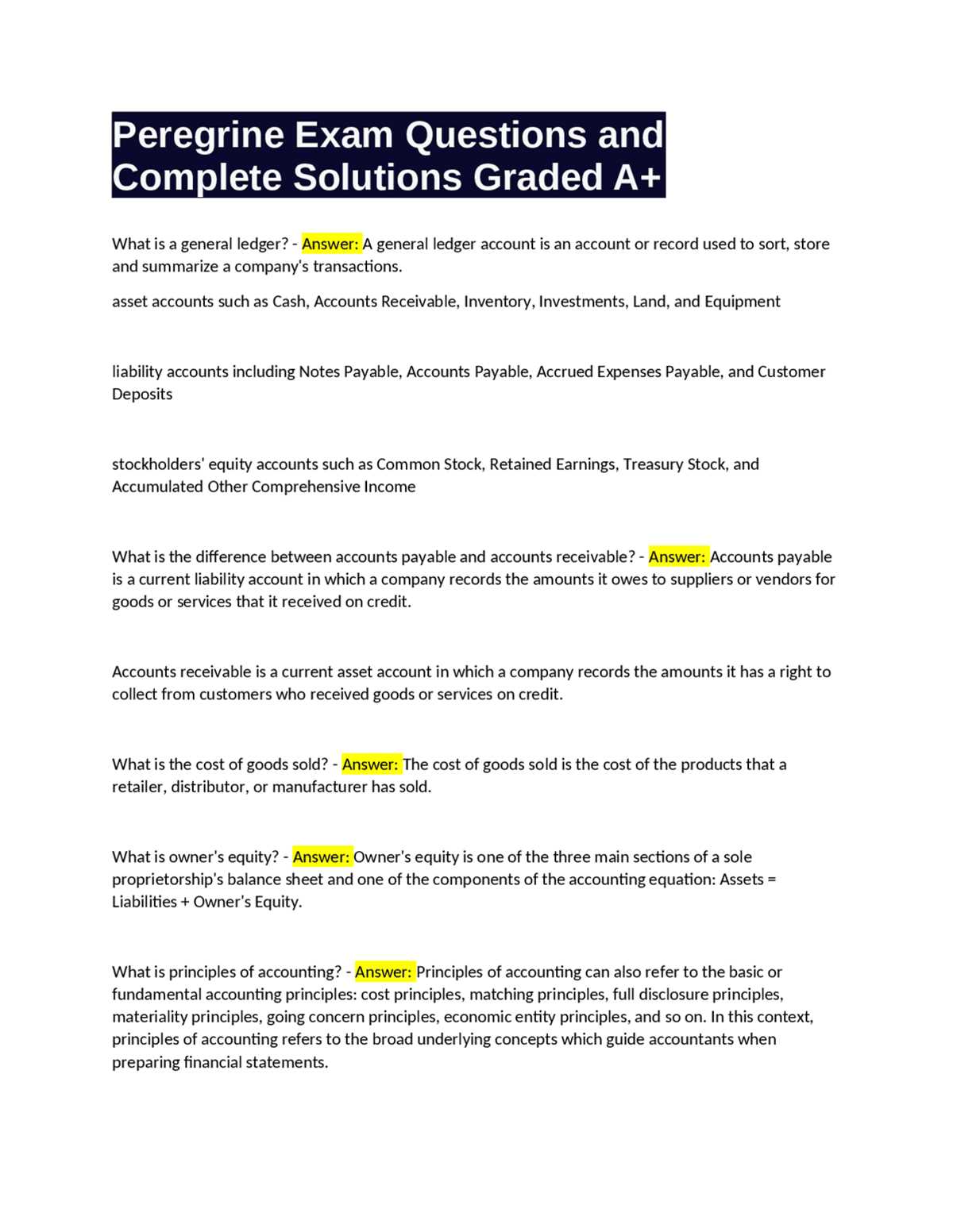 peregrine accounting exam answers