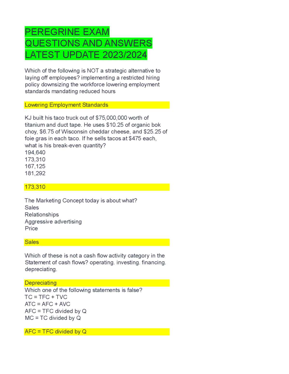 peregrine business exam answers