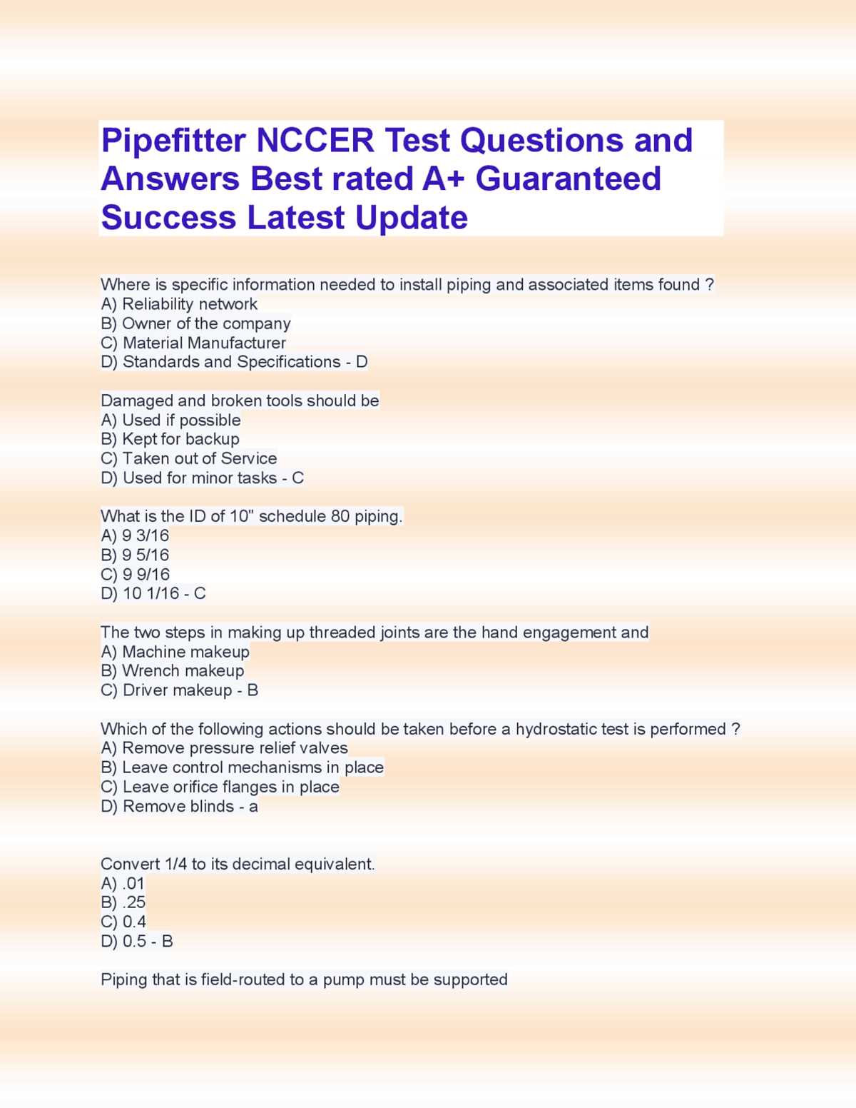 pipefitter practice test with answers