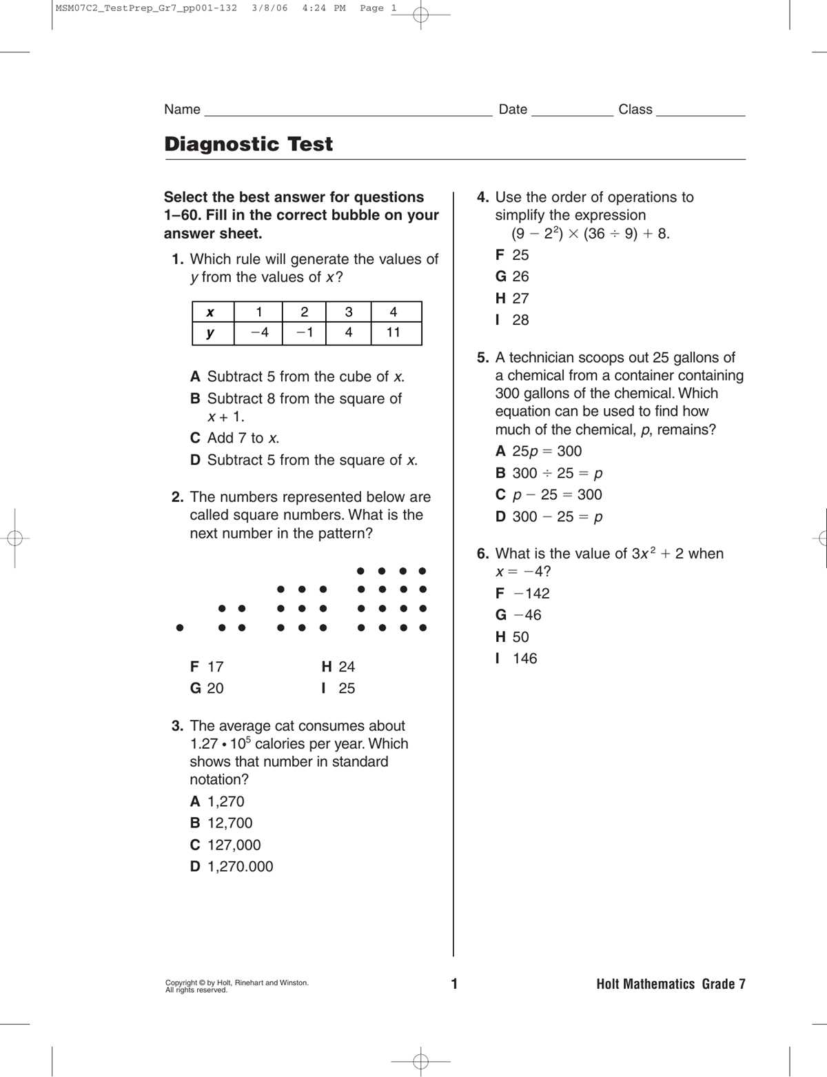 algebra 2 diagnostic test answers