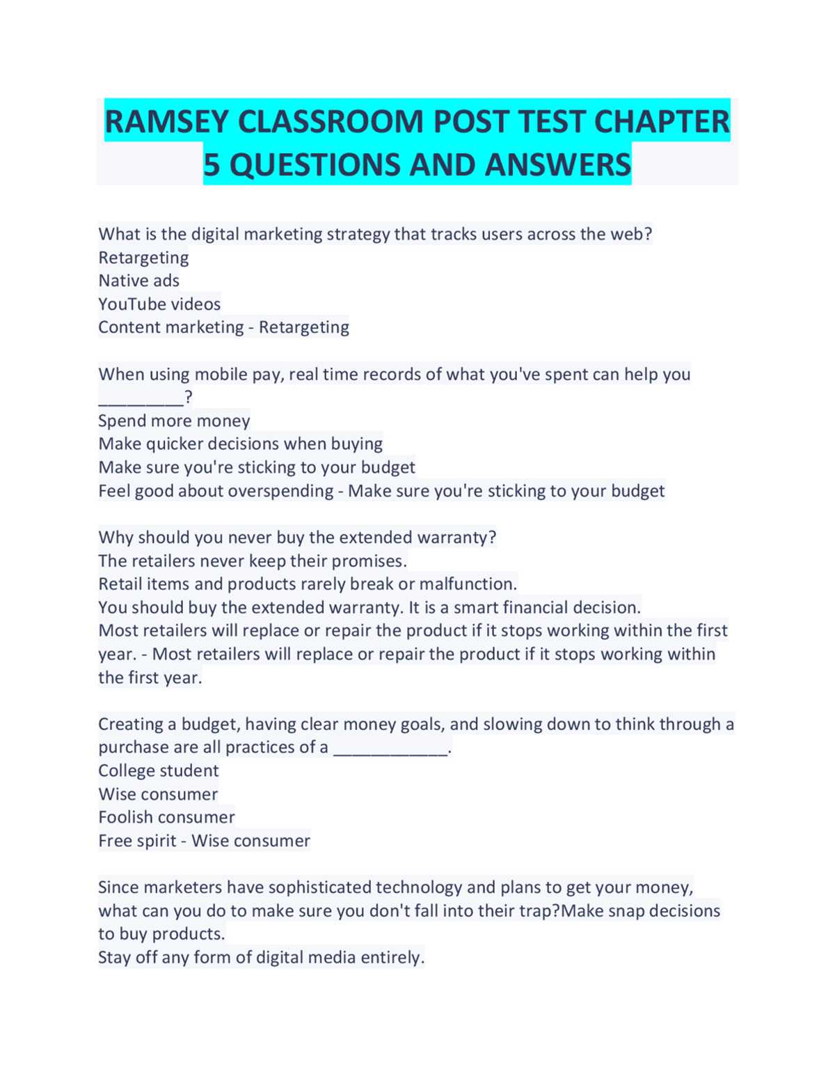 dave ramsey test answers