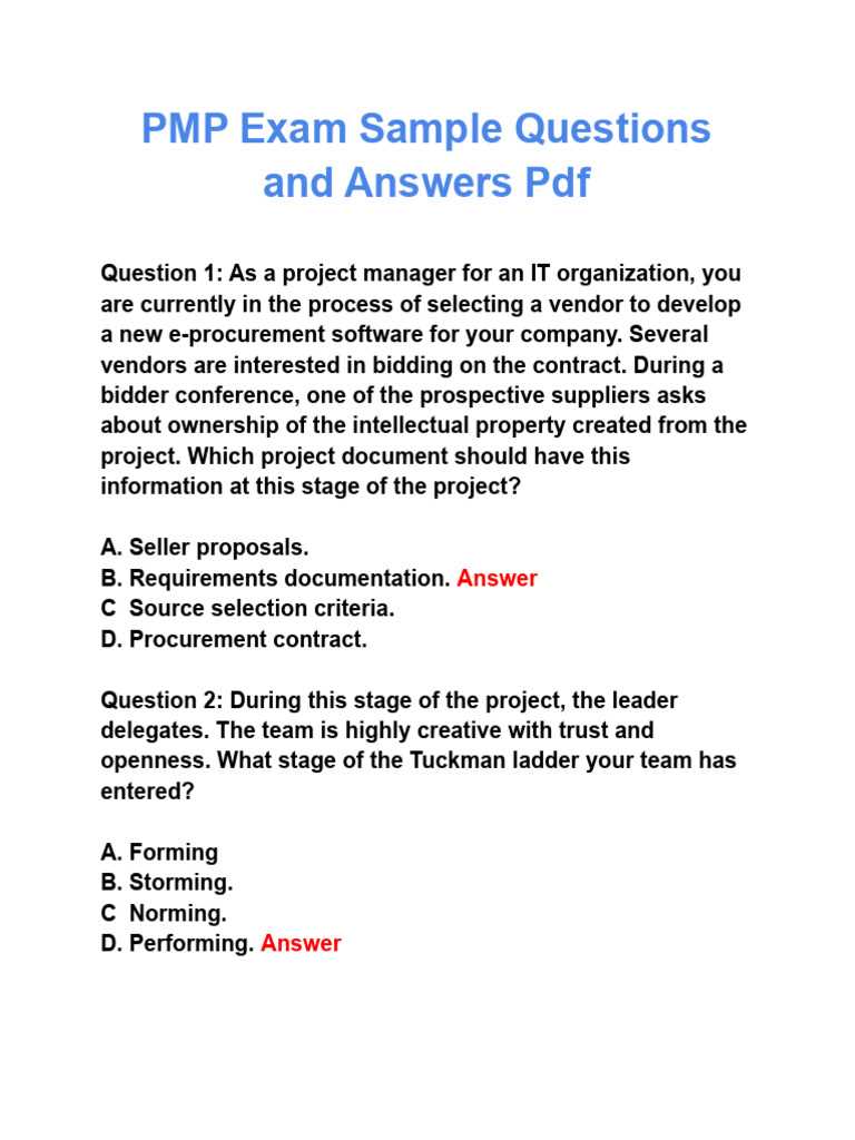 pmp exam sample questions with answers