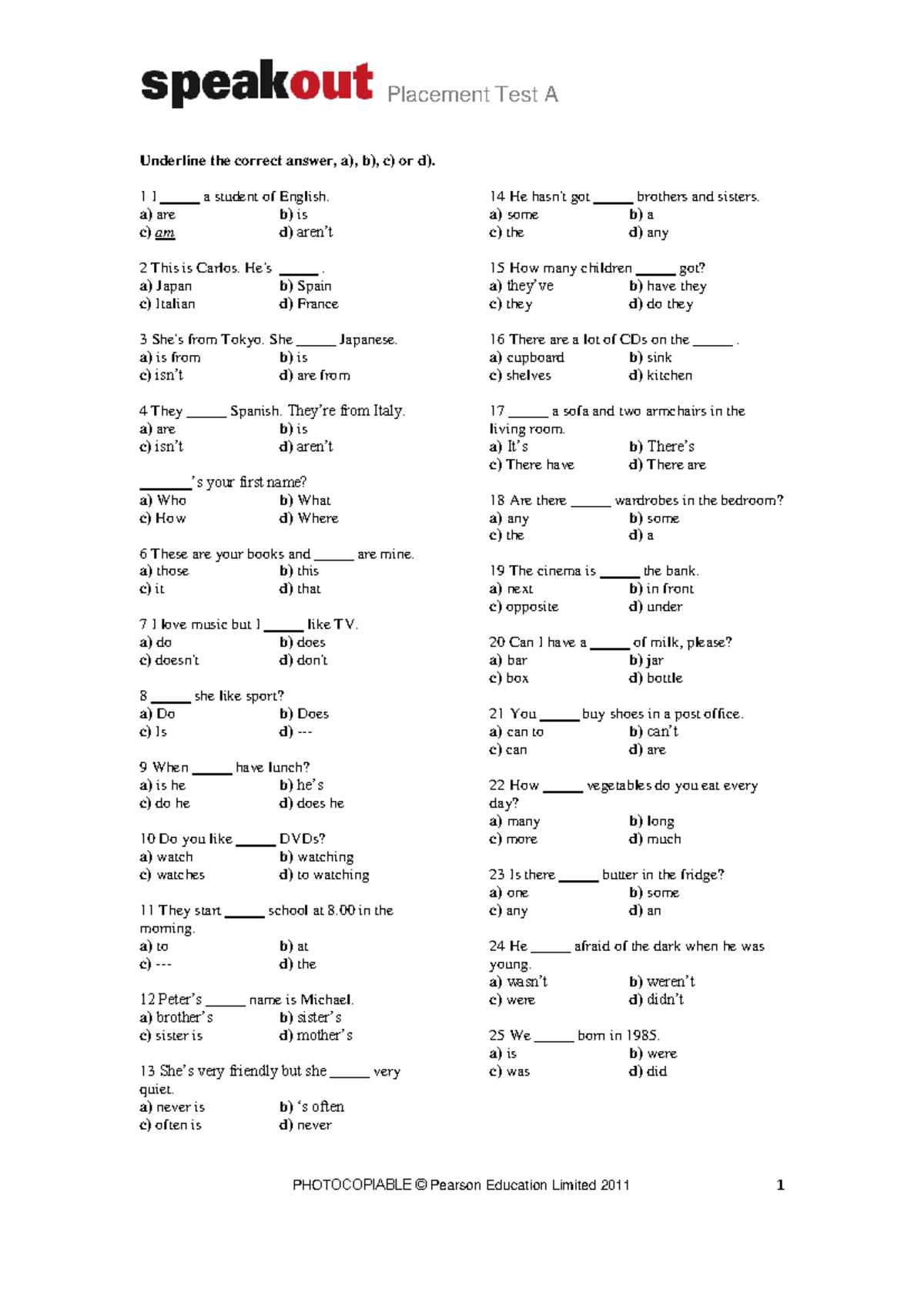 english placement test questions and answers