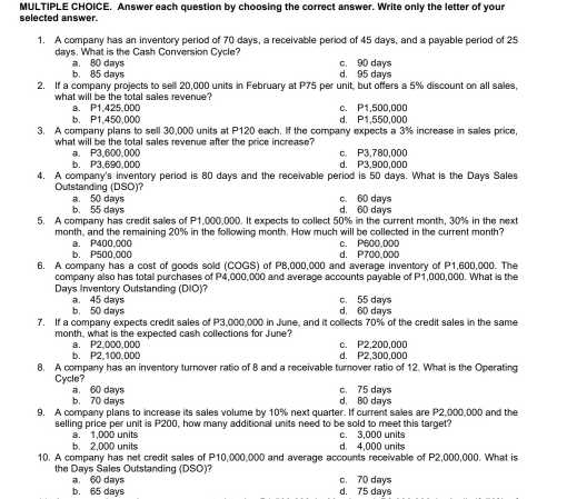 accounts receivable test questions answers