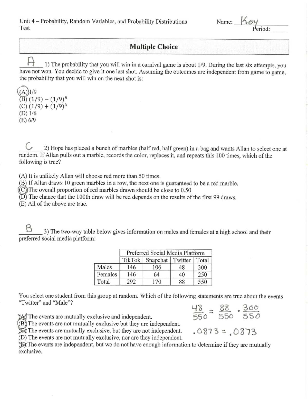 ap stats probability test answers