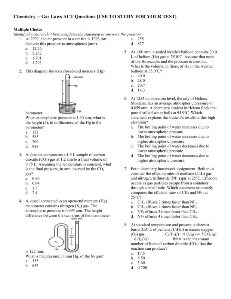 chemistry gases test answers