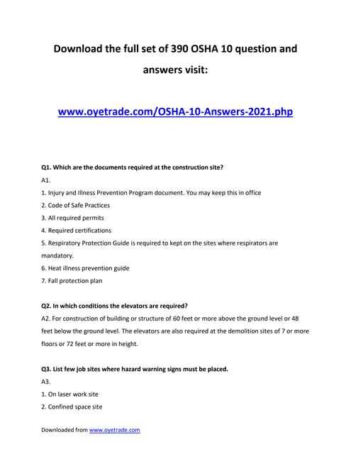 osha 10 test answers