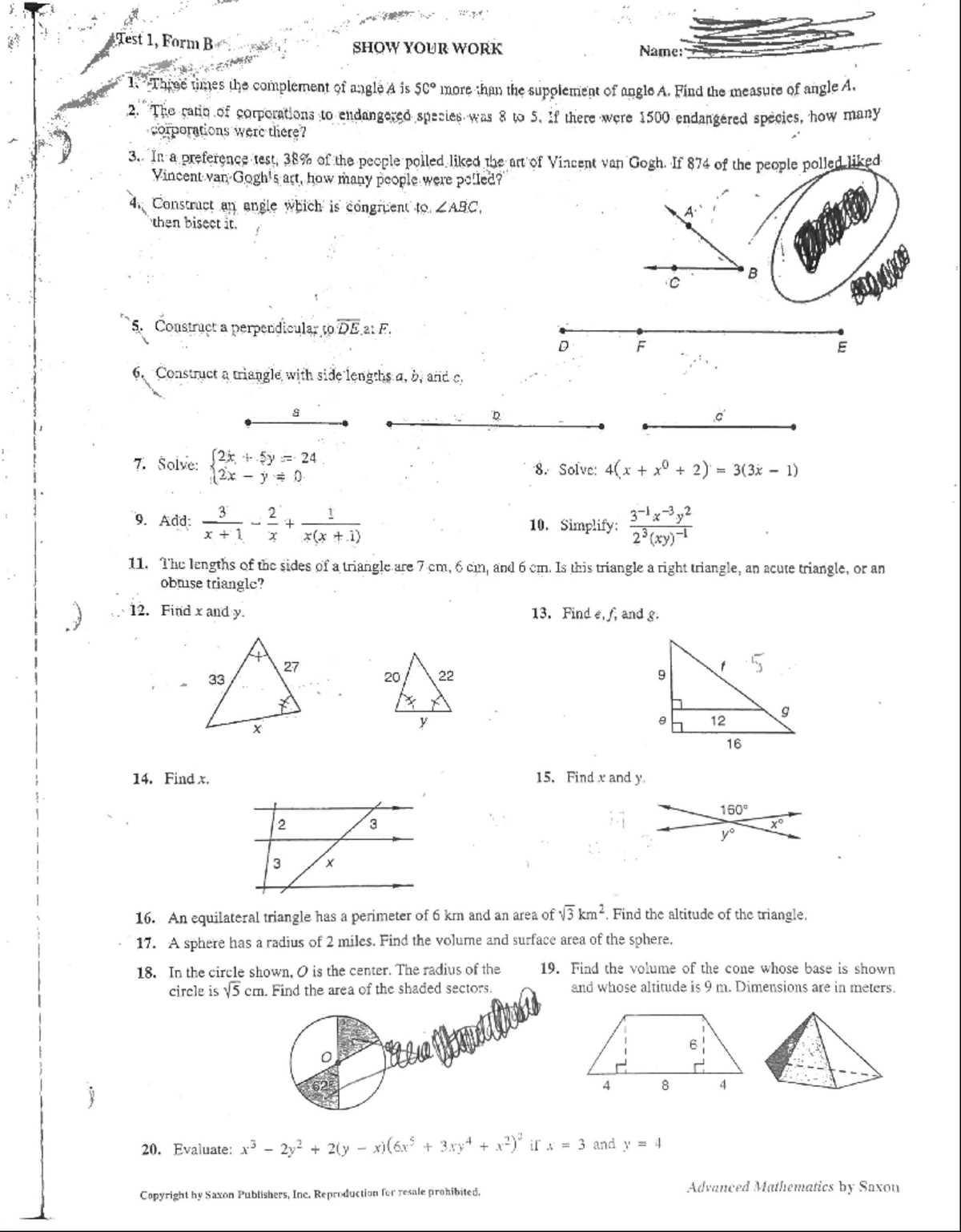 saxon math placement test answer key