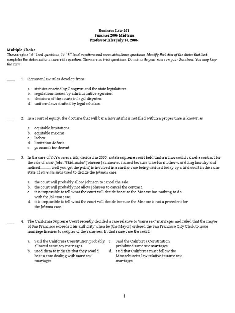 sample business law exam questions and answers