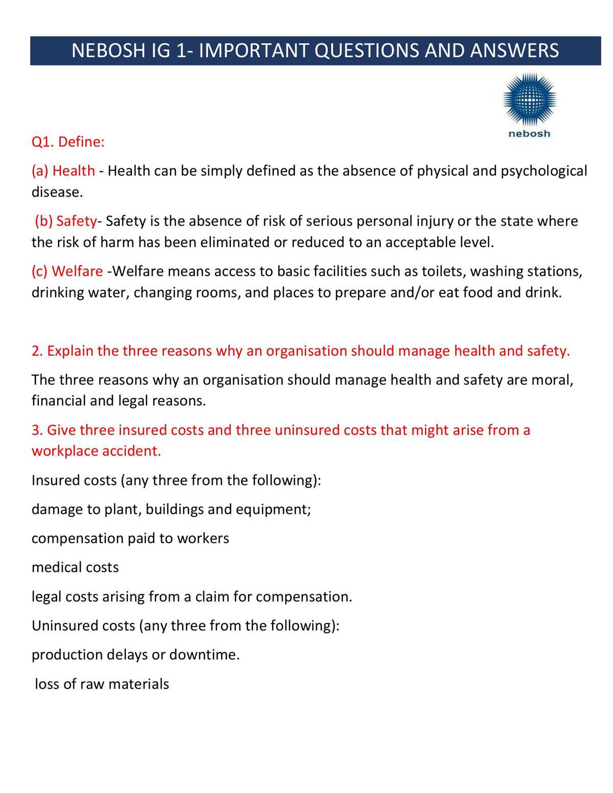sample nebosh exam questions and answers