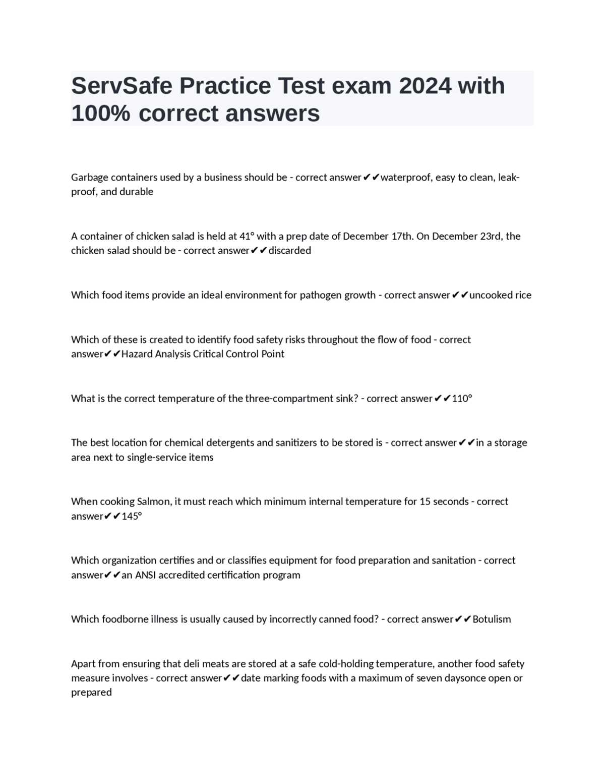 servsafe practice test with answer keys