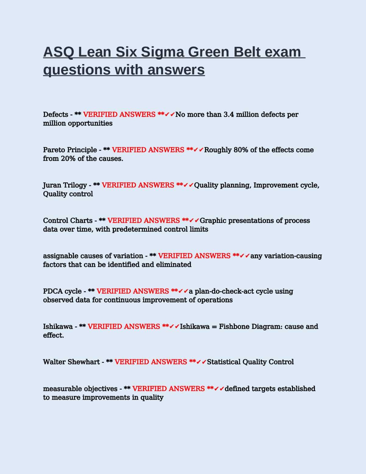 six sigma black belt test questions and answers