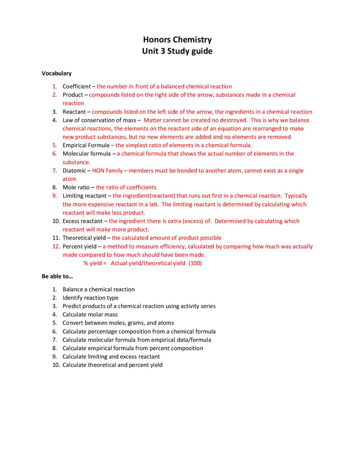 honors chemistry unit 4 test answers