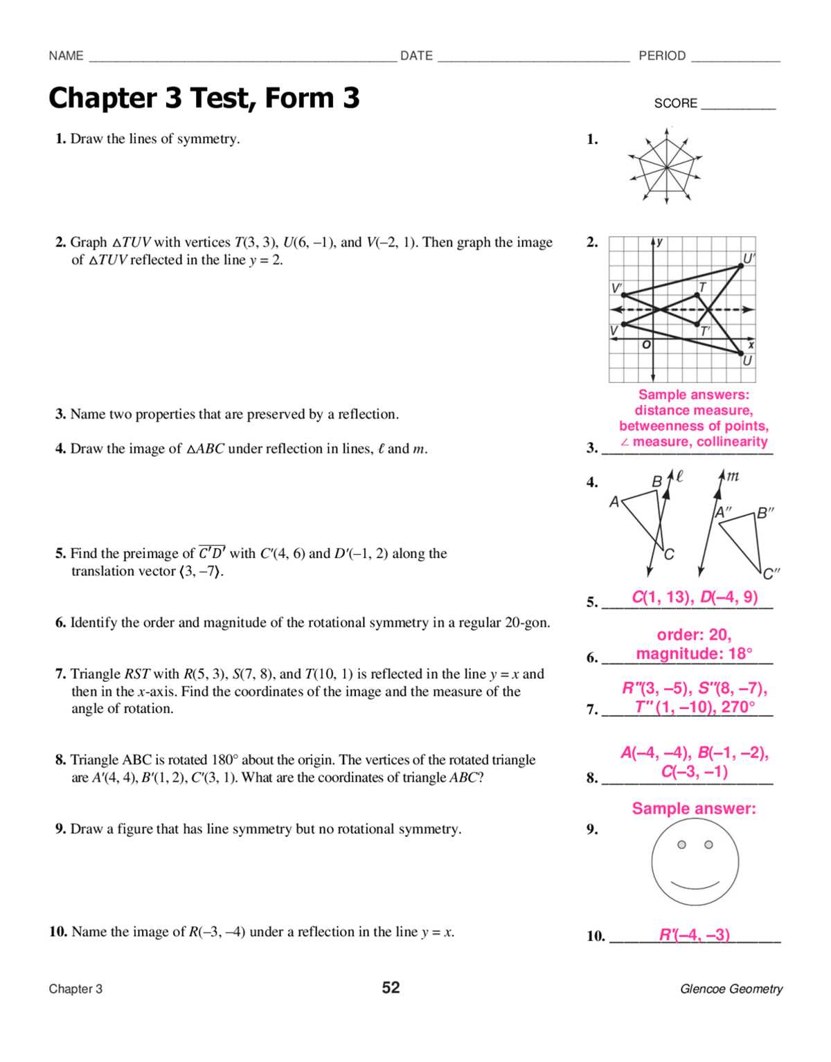 glencoe geometry chapter 3 test answer key
