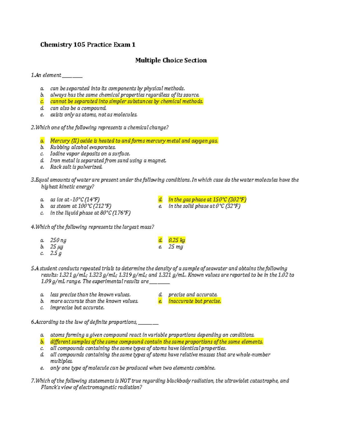 chemistry semester 1 exam answers