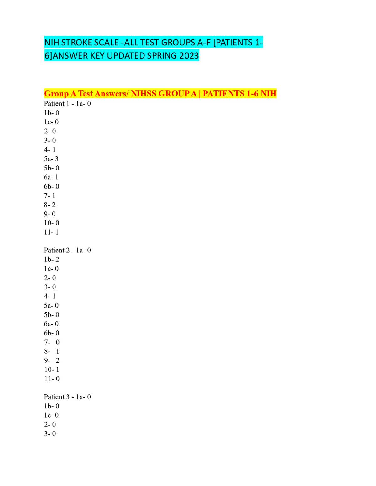 answers to nih stroke scale test