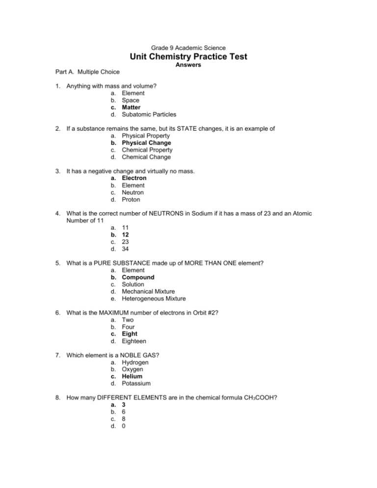 chemistry unit 9 test answers