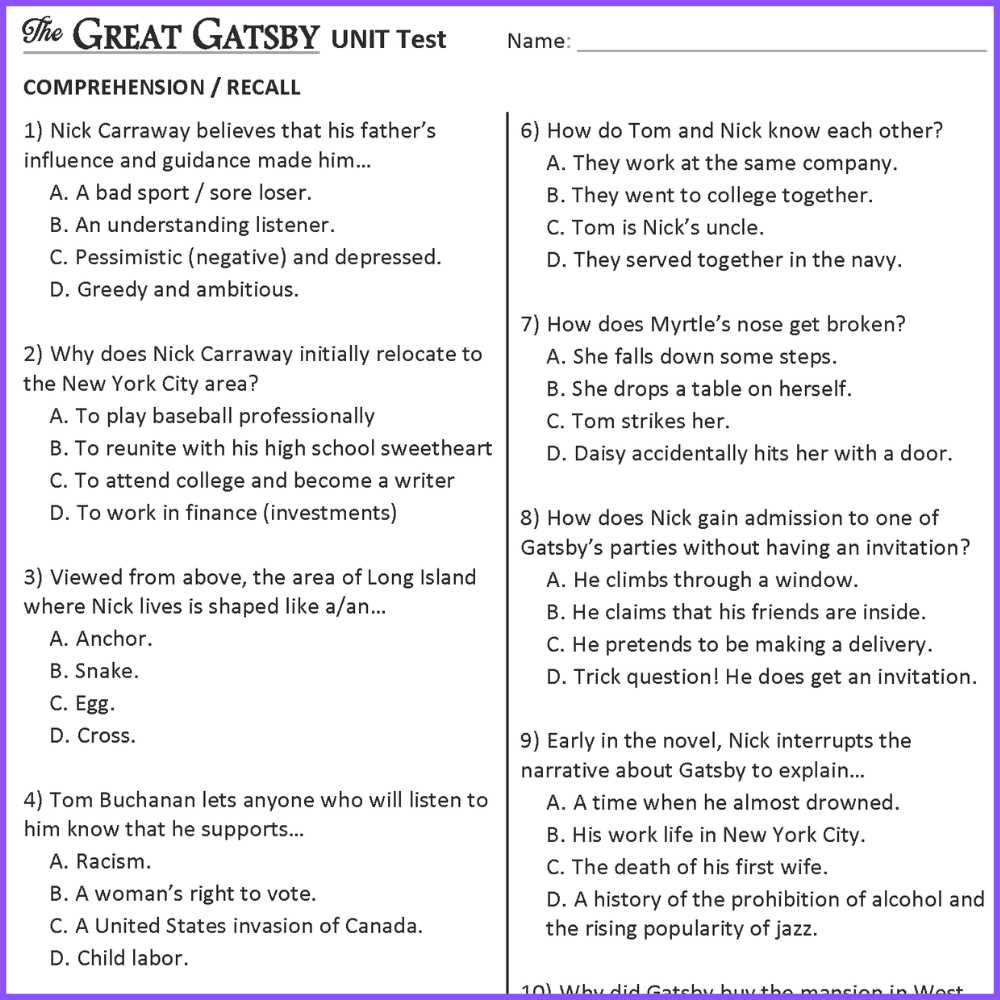 the great gatsby unit test answer key